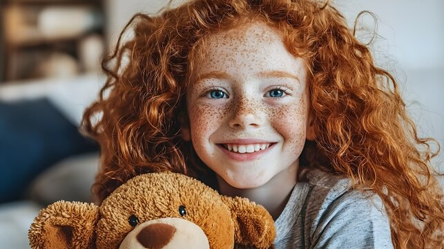Cheerful young girl with freckles and curly red hair smiling brightly while hugging a soft cuddly stuffed toy  The image captures a moment of pure joy and childhood innocence