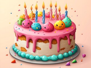Birthday Cake Illustration with Dripping Pink Frosting and Smiling Toppings