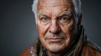 Obraz premium Close up portrait of an elderly man with deep wrinkles and gray hair wearing a well worn leather jacket His weathered face exudes a sense of resilience wisdom and a pensive