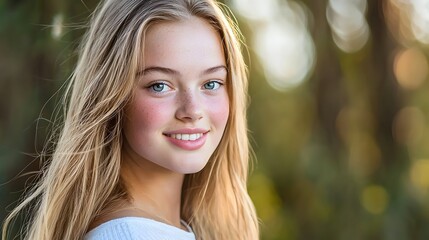 Naklejka premium A young woman with flowing blonde hair piercing blue eyes and a soft serene smile stands amidst a lush enchanting forest backdrop Her captivating gaze and ethereal presence create a dreamlike