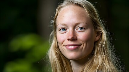 Fototapeta premium Captivating portrait of a young woman with flowing blonde hair and piercing blue eyes set against a serene and tranquil forest backdrop The soft