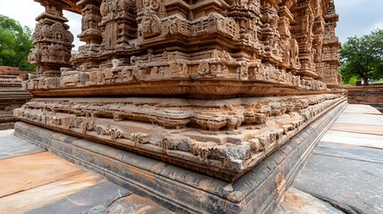 Fototapeta premium Closeup View of the Intricate Carvings and Ornate Architectural Details on the Exterior of a Centuries old Hindu Temple in India