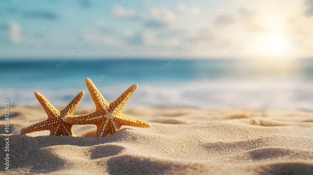 Aufkleber tranquil close up view of a starfish resting on a sandy beach with soft shadows and warm sunlight to