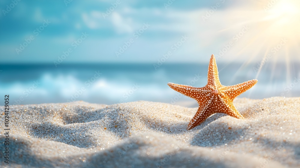 Aufkleber close up view of a starfish resting on a sandy beach with soft shadows and warm sunlight tones creat