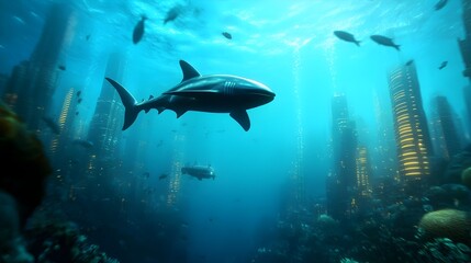 Naklejka premium Futuristic underwater cityscape with glowing illuminated buildings and a diverse array of thriving marine life