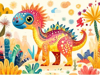 Colorful Illustration of a Cartoon Dinosaur in a Garden