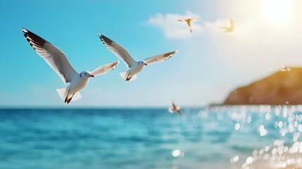 Tranquil scene of seagulls gliding effortlessly over a quiet sun drenched beach with a blurred minimalist background providing ample copy space