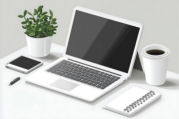 Illustration of a White Desk with a Laptop, a Plant, a Notebook, a Pen, and a Cup of Coffee