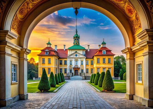 Majestic Entrance to Raczynski Palace in Rogalin, Poland - Historical Architecture with Scenic Surroundings