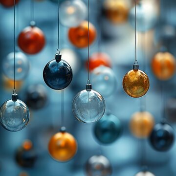 ornaments hanging ceiling design milk motion blurred background newtons cradle interconnections warm soft subdued color globes parallelism