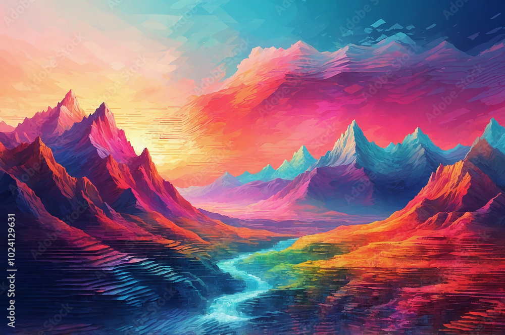 Poster vibrant digital landscape with pixelated mountains and valleys, enhanced by colorful gradients and b