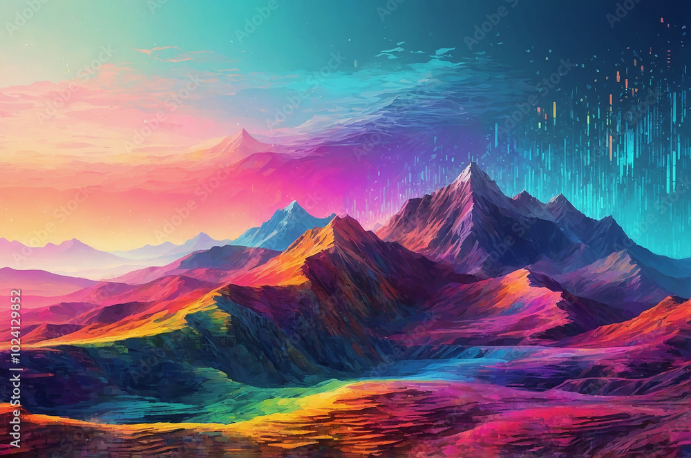 Poster vibrant digital landscape with pixelated mountains and valleys, enhanced by colorful gradients and b