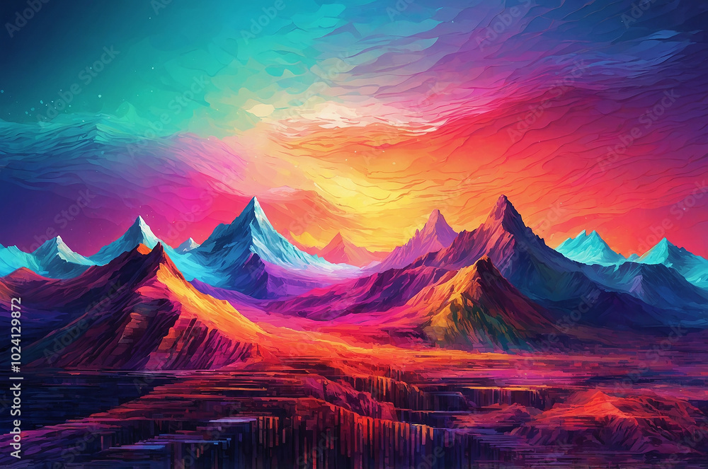 Poster vibrant digital landscape with pixelated mountains and valleys, enhanced by colorful gradients and b