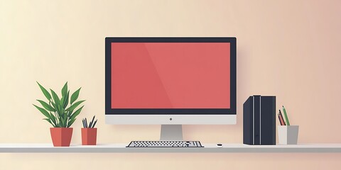 Illustration of a Desk with a Computer, Keyboard, Mouse, and Plants