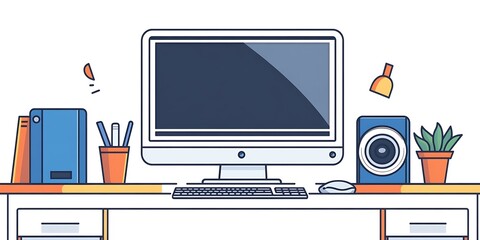 Illustration of a Desk with a Computer, Keyboard, and Mouse