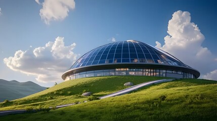 Obraz premium Futuristic dome shaped building with cutting edge green energy technology and sustainable design showcasing a modern eco conscious architecture that blends innovation efficiency