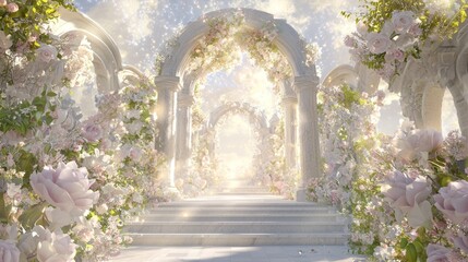 Heavenly Gateway: Exquisite Christian Archway to Eternity | 3D Render of Celestial Portal with Blossoms and Radiant Light, Heavenly Invite