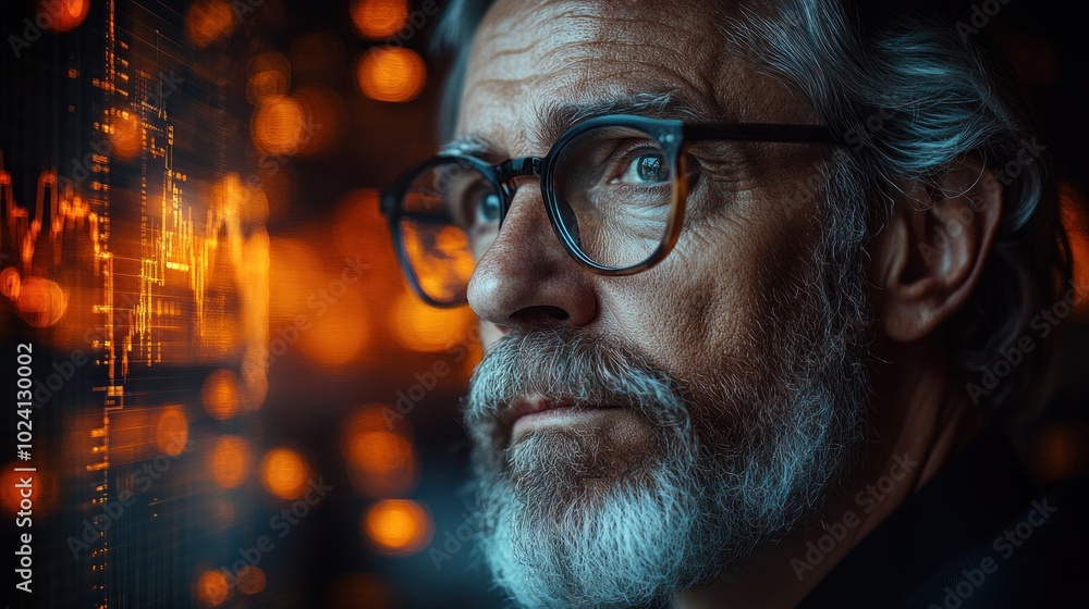 Aufkleber a senior man with glasses and a beard looks intently at a screen displaying data and graphs.