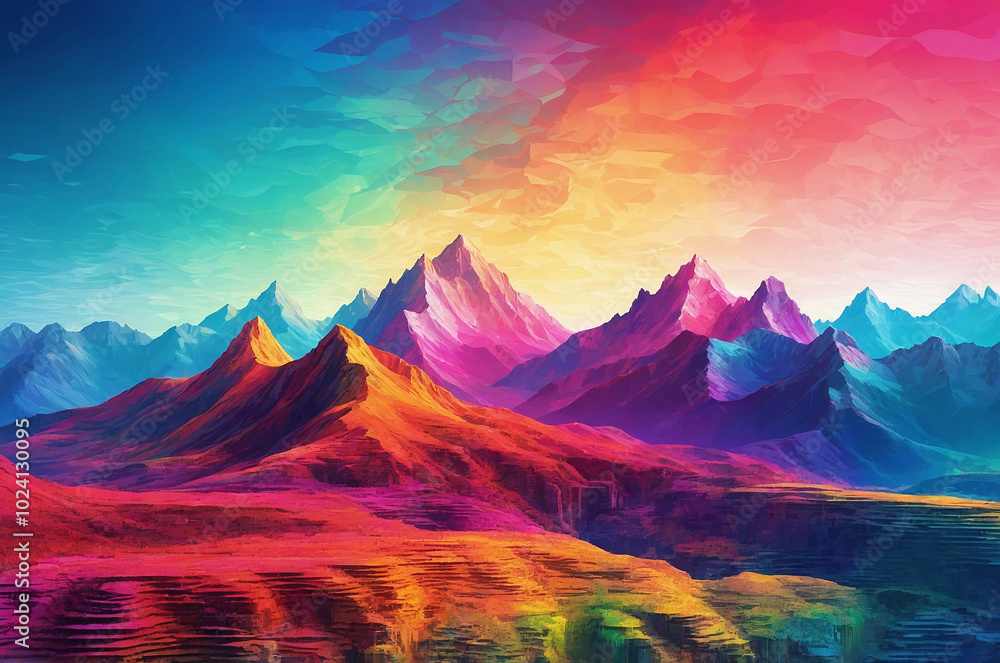 Poster vibrant digital landscape with pixelated mountains and valleys, enhanced by colorful gradients and b