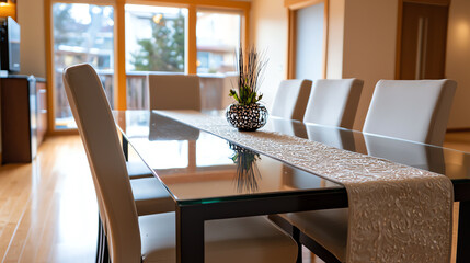 Modern dining room with glass table and chairs.