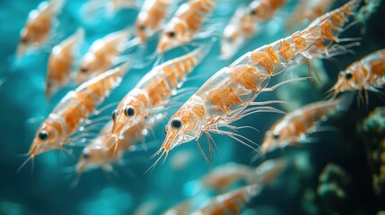 A close-up shot of a school of krill swimming in the ocean.