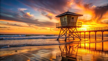 lifeguard tower at sunset with Oceanside pier in background macro