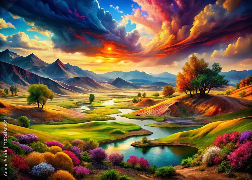 Poster metamorphic dream: surreal landscape transitioning through colors and forms in an abstract vision of