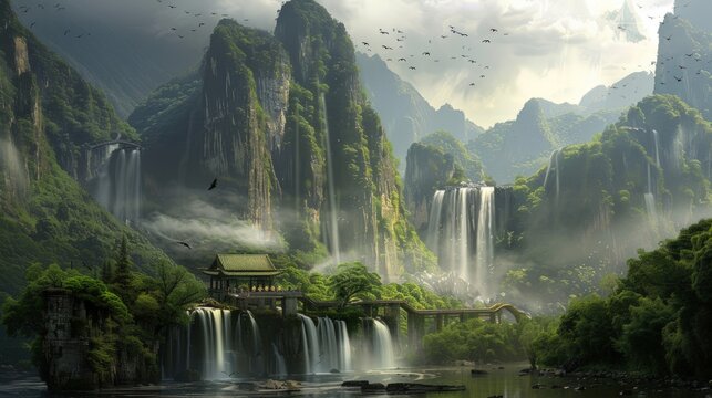 Mystical Mountain Valley with Cascading Waterfalls