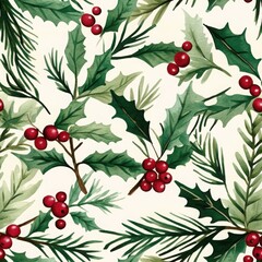 Obraz premium Minimalist Watercolor Holly Leaves and Red Berries Pattern