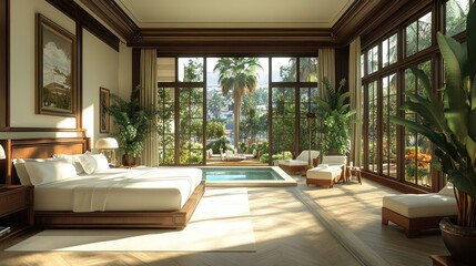 Luxurious bedroom with pool view and lush greenery.