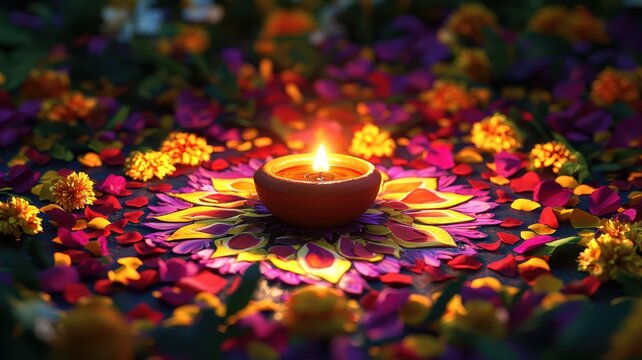 A beautifully arranged flower mandala with a glowing diya at the center, surrounded by petals and vibrant marigolds, creating a serene festive atmosphere.