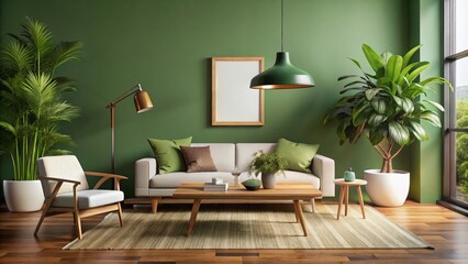 Minimalist Lounge Room with Wooden Furniture and Green Walls for Interior Design Inspiration