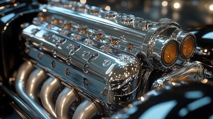 Close-up of a shiny chrome engine block with intricate details and polished metal surfaces.