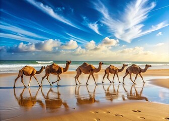 Minimalist Photography of Camels Walking on Essaouira Beach in Morocco - Desert Landscape and Summer Vibes