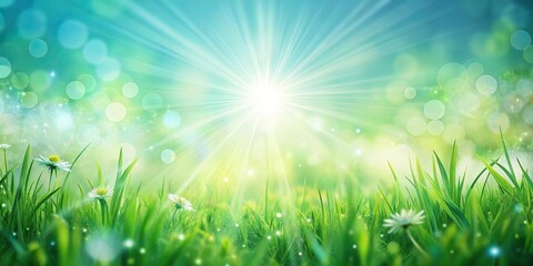 Obraz premium Light green blue spring background with sun shine and blurry Asymmetrical