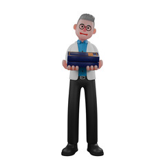 Male Physicist 3D Professional. A male physicist is standing while carrying two stacks of books. Physics Cartoon