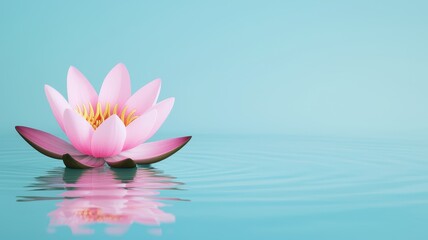 A serene pink lotus flower floats delicately on calm turquoise water, embodying peace and beauty.
