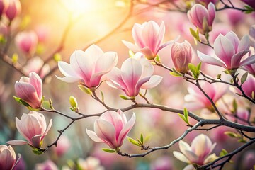 Fototapeta premium Light pink magnolia flowers blooming with twigs and leaves