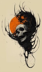 closeup skull long hair sun background sum black paint flows down descent madness cover illustration sinking drowning member endless orange unused design silhouette disease turmoil