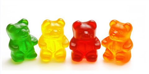 Four colorful gummy bears standing in a row on white background