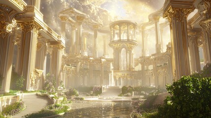 Fototapeta premium Majestic Christian Heaven - 3D Render of Grand Celestial Palace with Angels, Gardens, and Fountains | Ultra-Detailed Illustration