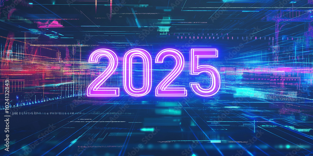 Aufkleber year 2025 glowing in futuristic technological space visualization