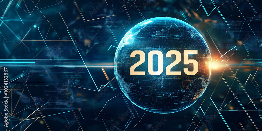 Leinwandbilder Year 2025 displaying on rotating globe with futuristic data connection lines