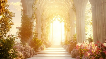 Fototapeta premium Illuminated Pathway: Radiant Archway to Heavenly Garden - Ultra-Detailed Christianity 3D Render Illustration