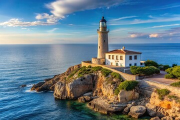 Lighthouse standing tall on the coast of Palma de Mallorca with forced perspective effect