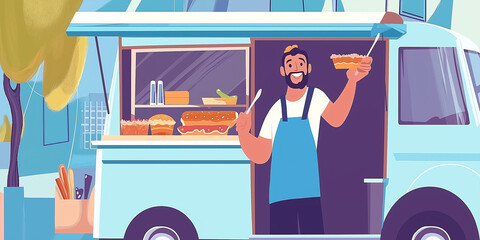 Food truck owner is holding a dessert and a fork while smiling