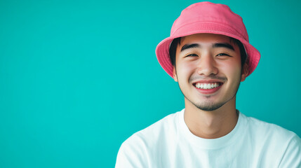 Naklejka premium Young asian man wearing a pink bucket hat isolated on a blue background with copy space