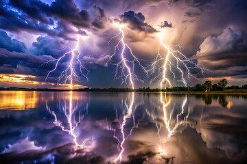 Fototapeta premium Lightning storm reflecting in water during the afternoon