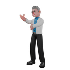Male Physicist 3D Cartoon. A male physicist is standing with his left hand wrapped around his chest and extending his right hand forward. Professional Physics