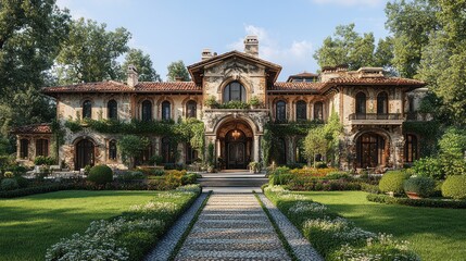 Obraz premium Elegant mansion surrounded by lush gardens and pathways.